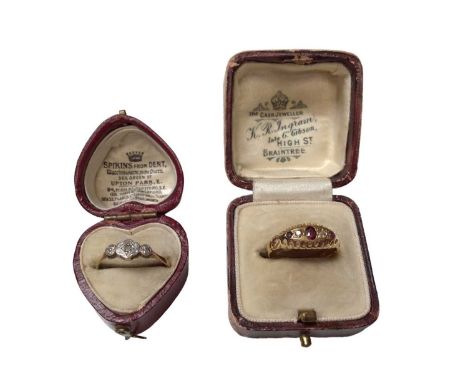 18ct gold diamond ring in platinum setting, size M½ and an antique gold ruby and diamond ring, size K (2)18ct gold ring weigh