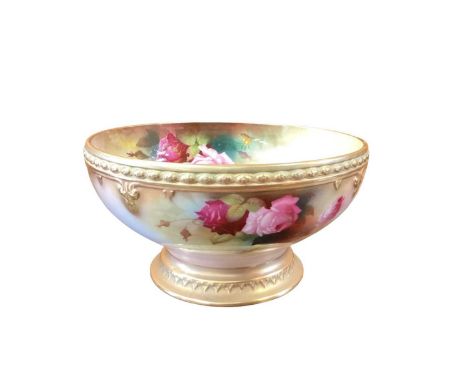 Royal Worcester pedestal bowl, painted with roses, shape number 246, green printed marks, 23cm diameterVery good condition wi