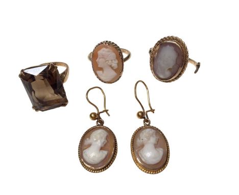 9ct gold carved shell cameo ring, one other yellow metal broken cameo ring, a pair of yellow metal cameo pendant earrings and