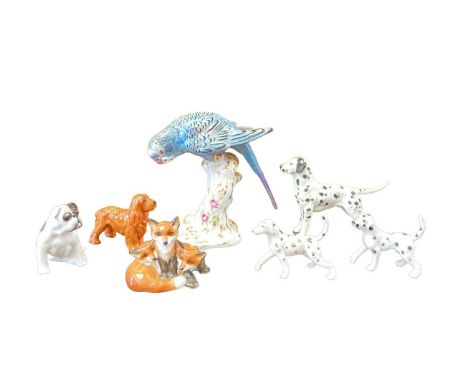Group of five Royal Worcester and other dogs, Royal Worcester fox group and a Royal Worcester bird (7)