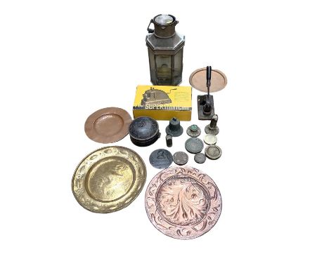 Brass hanging lantern, together with toleware spice box, Arts &amp; Crafts copper plate and other metal wares, (1 box).