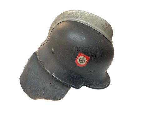 Nazi M34 pattern Fire Police helmet with original aluminium comb, black painted finish with two decals (de-nazified), leather