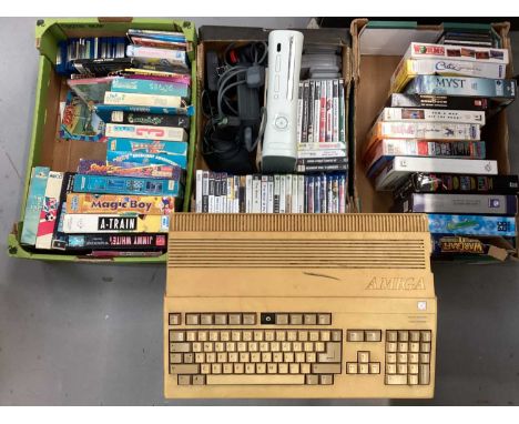 Three boxes of gaming related items to include Xbox 360 console, Amiga Commodore 500, Boxed Amiga games, PlayStation games, P