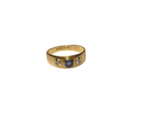 22ct gold wedding ring set with a round mixed cut sapphire flanked by two brilliant cut diamonds in a collet setting (London 