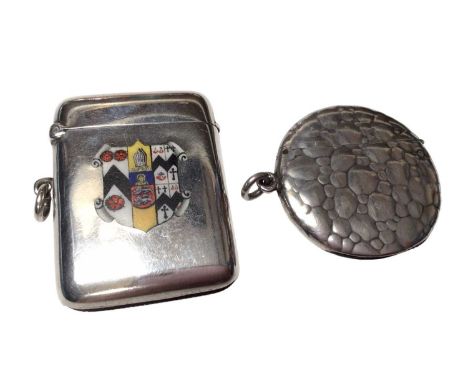 Edwardian silver vesta case with enamel coat of arms for Brasenose College, Oxford, (Birmingham 1903), together with another 