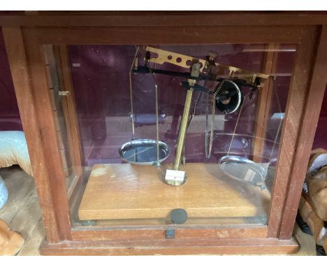 Set of balance scales, in display case, plus wooden box &amp; model F16 (3)