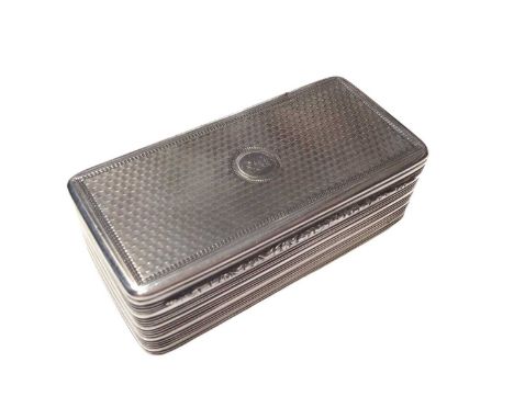 William IV silver snuff box of rectangular form with engine turned and reeded decoration, hinged lid opening to reveal gilded