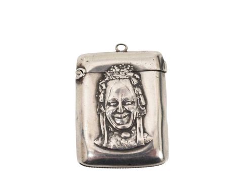 Victorian silver `Charley`s Aunt` vesta case, the front decorated in relief with a portrait, the reverse inscribed `From Char