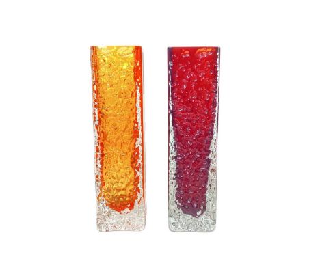 Two Whitefriars nailhead vases in ruby red and tangerine, designed by Geoffrey Baxter, 17cm high