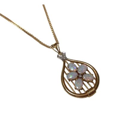 18ct gold opal and diamond set pendant on 18ct gold chain, 45cm longTotal weight 8.7 grams