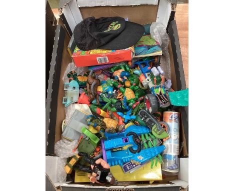 A box of 1989/90 Teenage mutant hero turle toya incudinf Shredder Jetski Boat Sewer Dragater, Sewer Cycle and Sidecar, figure