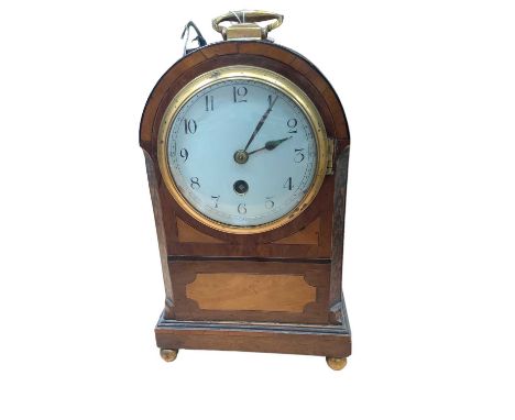 19th century mahogany mantle clock, the interior with label for Percy Webster, London. Together with key and pendulum, 15.5cm