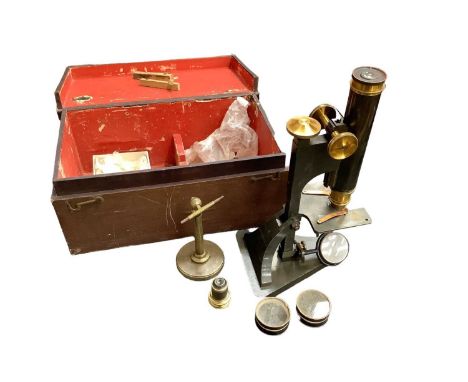 Microscope with brass fittings by R &amp; J Beck Limited London, numbered 19719 in box.