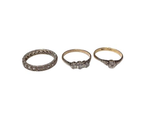 18ct gold diamond single stone ring in platinum setting, gold synthetic three stone ring in platinum setting and 9ct white go