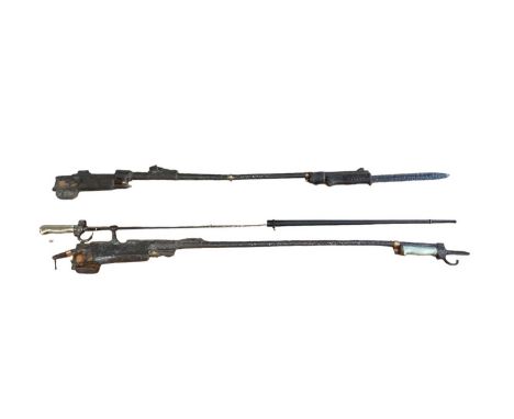 Relic condition First World War German Mauser rifle barrel with action with K98 bayonet and relic condition French Lebel rifl
