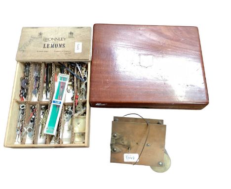Box of photography related items, an antique oil lamp, a clock movement, a box of clock parts and a mahogany box