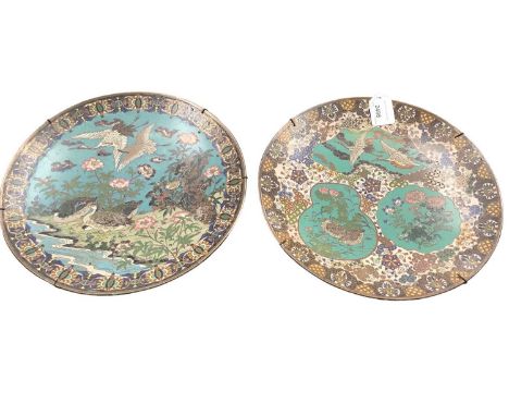 Pair of late 19th century Japanese cloisonné enamel chargers, decorated with birds, 30.5cm diameter