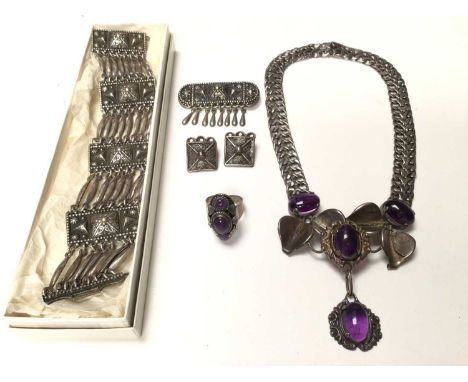Mexican silver and cabochon amethyst necklace and ring, and a Mexican silver bracelet, brooch and pair of clip on earrings