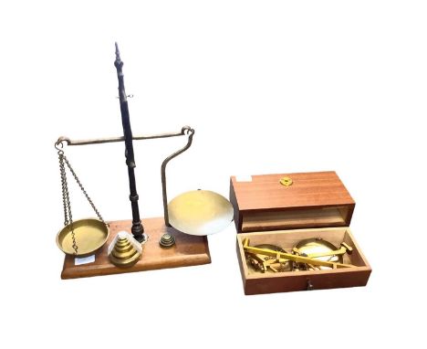 Antique set of iron and mahogany scales with weights, a set of kitchen scales, and two other sets (4)