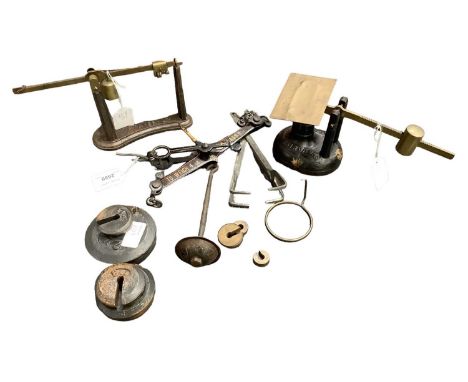 Pair Fish weighing beam scales by Cocksedge & Co. Lowestoft with iron weights and two other scales (3)