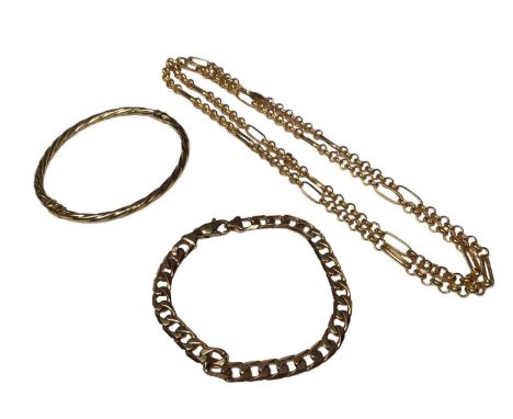 9ct gold hinged bangle, 7cm across, 9ct gold flat curb link bracelet, 20cm long and 9ct gold chain, 76.5cm long (3)Total weig
