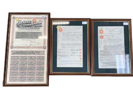 Caucasus Copper Company Limited - £1,000,000 share certificate with coupons, framed, together with a pair of framed deeds (3)