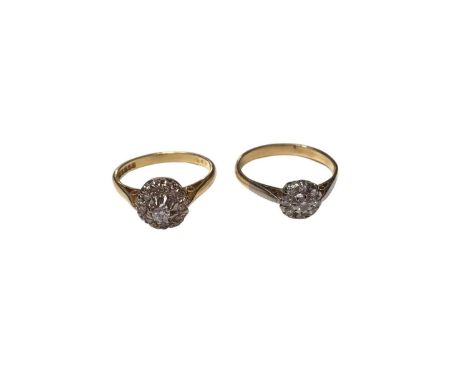 1970s 18ct gold diamond cluster ring (Birmingham 1971), size M½ and one other similar yellow metal diamond cluster ring, size