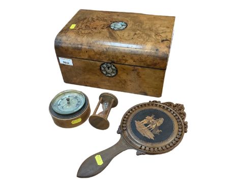 Victorian walnut and mother of pearl sewing box, together with a Sorrento mirror, wooden cased barometer, and a Mauchline war