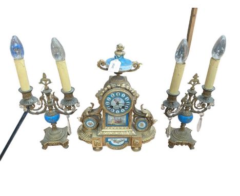 19th century French porcelain-mounted clock garniture, the clock 36.5cm high