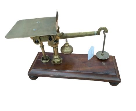 Unusual set of Victorian brass and mahogany scales, with suspending brass weight on a 16oz scaleBase 28cm x 11.5cm