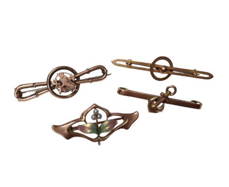Art Nouveau 9ct gold, enamel and seed pearl floral open work brooch, together with three other 9ct gold bar brooches (4)Total