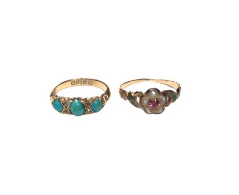 Edwardian 18ct gold turquoise cabochon three stone ring interspaced with four old cut diamonds in a carved claw setting (Ches