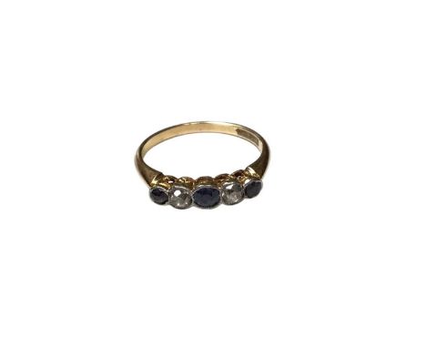 18ct gold sapphire and old cut diamond five stone ring in platinum setting on 18ct yellow gold shank, size N½Weight 2.7 grams