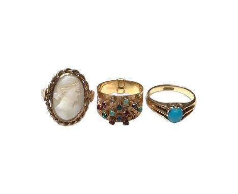 18ct gold turquoise cabochon ring, size O½, 9ct gold cameo ring, size N and a yellow metal multi-gem five row ring, size O (3
