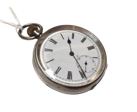 Omega silver pocket watch with white enamel dial, subsidiary seconds dial and Roman numeral markers in silver (935) case, 50m