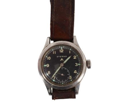 Second World War Eterna 'Dirty Dozen' military wristwatch with black dial, luminous hands and Arabic numerals, subsidiary sec