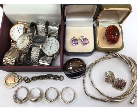 Silver and amber dress ring, various silver jewellery, wristwatches and costume jewellery