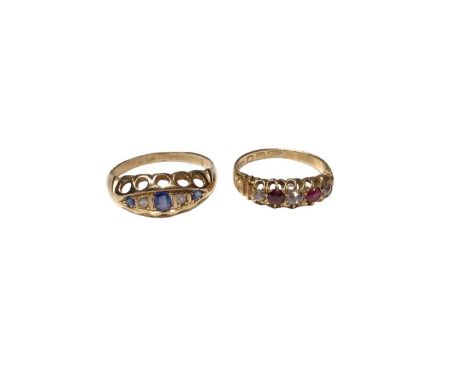Antique 18ct gold sapphire and diamond five stone ring (Birmingham 1916), size K½ and a similar 18ct gold diamond and ruby fi