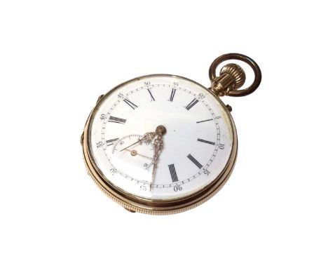 Late 19th century 14ct gold open face pocket watch with keyless movement, white enamel dial and subsidiary seconds, 46mm diam