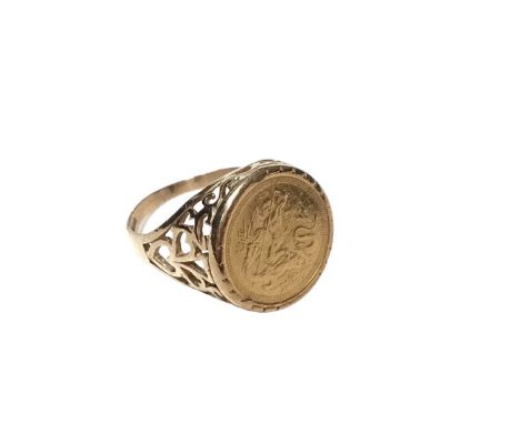 Isle of Man 1/20th Angel gold coin in 9ct gold ring mount, size SWeight 4.7 grams