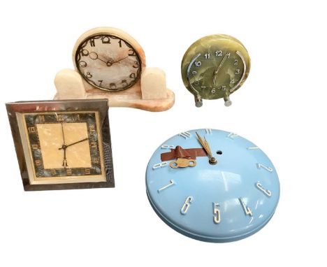 Art Deco onyx and chrome clock, two other art deco clocks, and a vintage Smiths plastic cloc (4)
