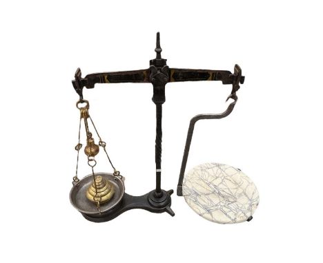 Local interest: set of Edwardian cast iron scales with gilt lettering for 'Cocksedge &amp; Co. Lowestoft', with marbled ceram