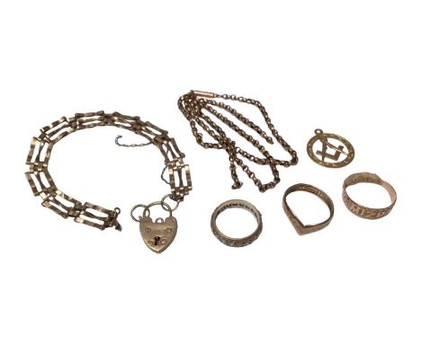 Group of 9ct gold to include a Masonic pendant, a broken chain, a broken bracelet with padlock clasp, Mizpah ring, a wishbone