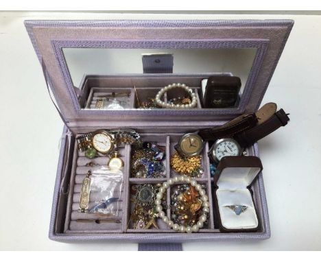 Jewellery box containing paste set and other costume jewellery, RAF silver and enamelled sweetheart brooch, Egyptian silver p