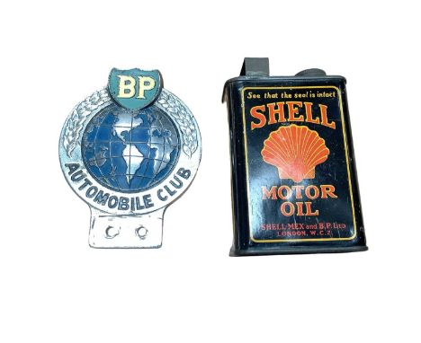 BP Autombile Club badge and a Shell motor oil miniature can (2)