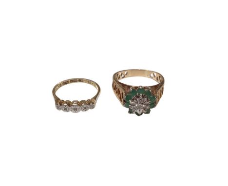 18ct gold and platinum diamond five stone ring, size K½ and an emerald and diamond cluster ring, size Q (2)18ct gold ring wei