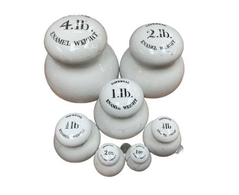 Rare set of seven Victorian transfer printed ceramic Imperial Enamel weights, stamped marks, 1oz to 4lb