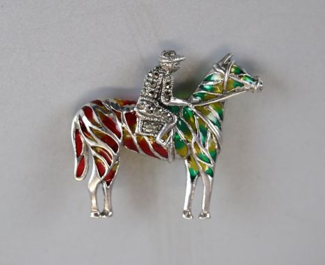 Silver and enamel jockey brooch 