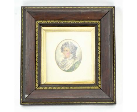 A vintage 20th century Regency style silk portrait painting of a lady. The lady with coiffured hair wearing green robe. Prese