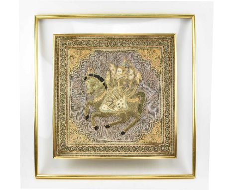 A Burmese Myanmar Kalaga applique tapestry panel beadwork with horseman &amp; horse. In relief decoration throughout with geo